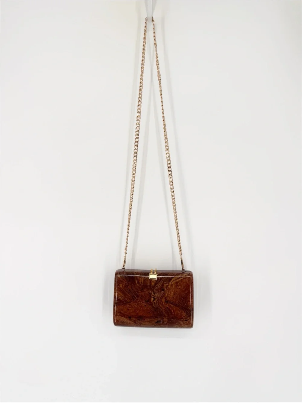 Vintage Saks Fifth Ave Brown Marbled Acrylic Gold Tone Hard Shell Clutch Purse
